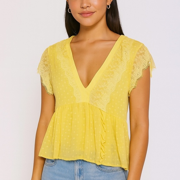 Zara Small Yellow Lace-Trimmed Peplum Blouse – Feminine Swiss Dot V-Neck Top - Picture 1 of 7